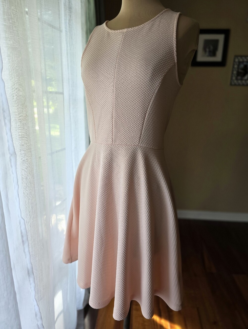 Blush Pink Textured Fit Flare Skater Dress Homecoming Wedding Guest Women's M